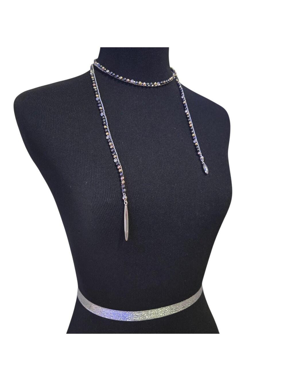Crystal Beaded Wrap Lariat Necklace Long Multi Strand Silver Tone Drops, EUC